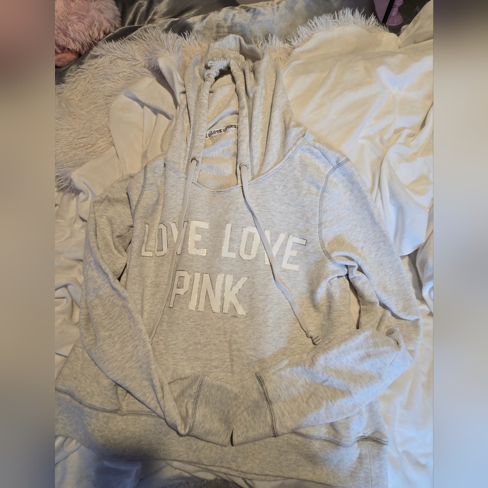 PINKVictoria's Secret Light Gray Hoodie Straight Neckline Size Large